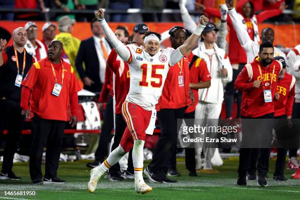 Patrick Mahomes of the Kansas City Chiefs celebrates after defeating the Philadelphia Eagles 38-35 to win Super Bowl LVII at State Farm Stadium on...