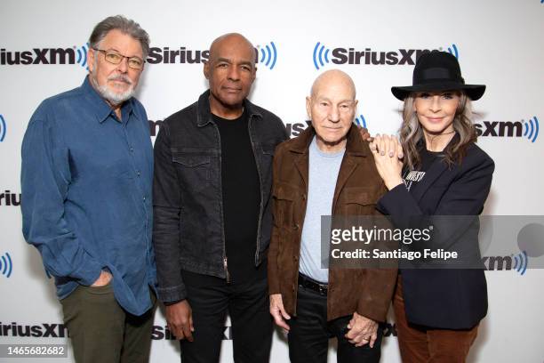 Jonathan Frakes, Michael Dorn, Patrick Stewart and Gates McFadden visit SiriusXM Studios on February 13, 2023 in New York City.