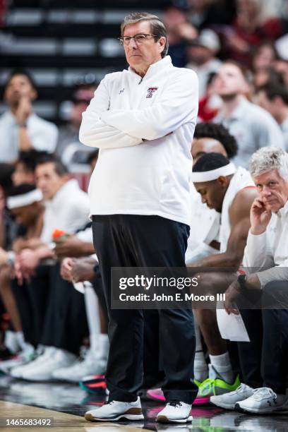 Head coach Mark Adams of the Texas Tech Red Raiders looks on during the first half of the college basketball game against the Kansas State Wildcats...