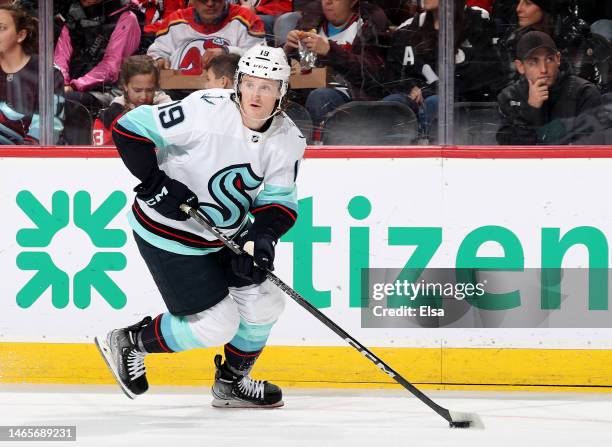 Jared McCann of the Seattle Kraken takes the puck during the second period against the New Jersey Devils at Prudential Center on February 09, 2023 in...