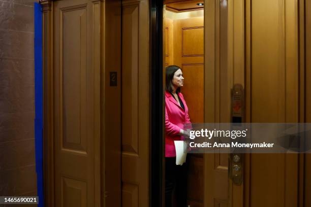 Sen. Katie Britt departs from the Senate Chambers during a series of the votes at the U.S. Capitol Building on February 13, 2023 in Washington, DC....