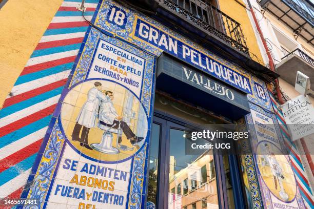 Tiled shopfront of the Gran Peluqueria Vallejo, Madrid, Spain.