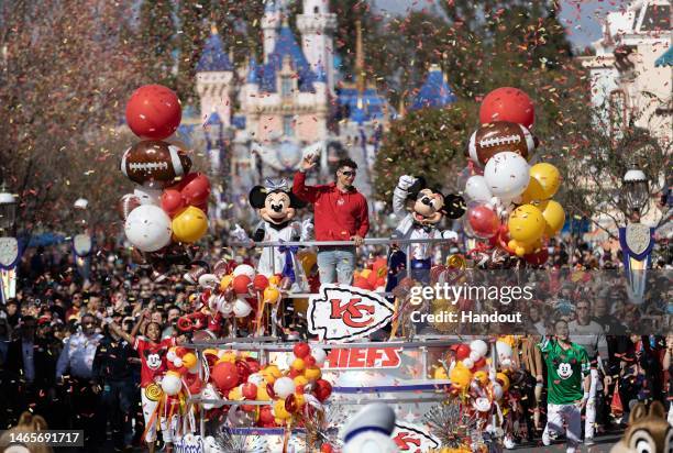 In this handout image provided by Disney, Patrick Mahomes of the Kansas City Chiefs celebrates his team’s Super Bowl triumph with a victory parade...