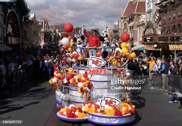 In this handout image provided by Disney, Patrick Mahomes of the Kansas City Chiefs celebrates his team’s Super Bowl triumph with a victory parade...