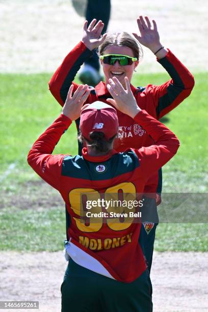 Amy Smith and Sasha Moloney of the Tigers celebrate the wicket of Mathilda Carmichael of Western Australiaduring the WNCL match between Tasmania and...