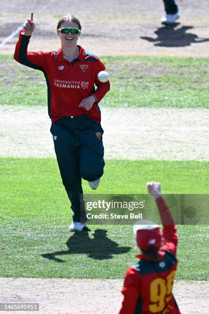 Amy Smith and Sasha Moloney of the Tigers celebrate the wicket of Mathilda Carmichael of Western Australiaduring the WNCL match between Tasmania and...