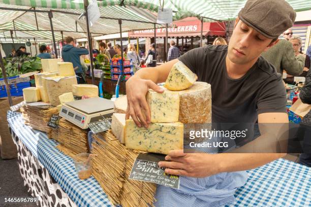 English Blue Stilton cheese for sale at Broadway Market, Hackney, London, England, UK.