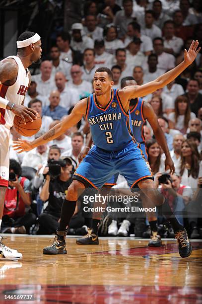 Thabo Sefolosha of the Oklahoma City Thunder defends against LeBron James of the Miami Heat during Game Four of the 2012 NBA Finals at American...