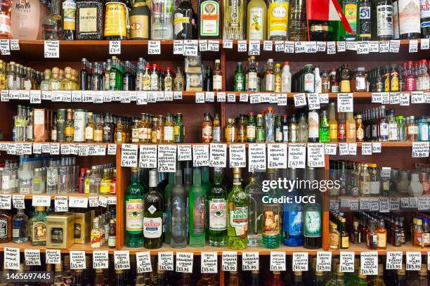 Wide selection of alcoholic drinks at Gerry's Wine and Spirits in Old Compton Street, Soho, London, England, UK.