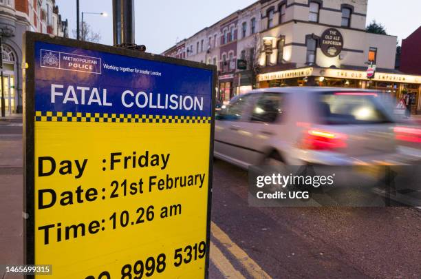 Metropolitan Police Fatal Collision witness appeal sign on side of road, Green Lanes, Harringey, London, England, UK.