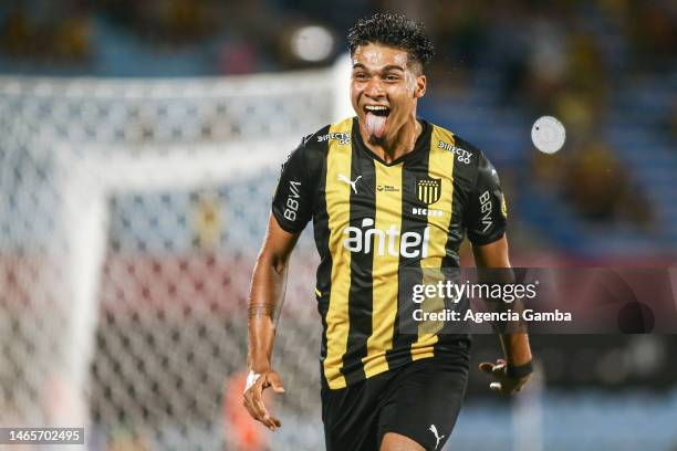 Matias Arezo of peñarol celebrates after scoring the second goal of the team during the match between La Luz and Peñarol as part of the Torneo...