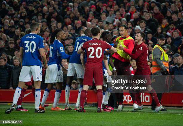 Substitute Virgil van Dijk of Liverpool gets involved in an argument during the Premier League match between Liverpool FC and Everton FC at Anfield...