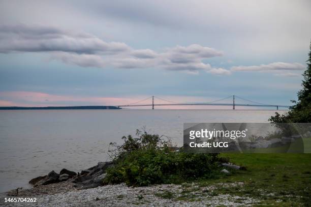 Looking from the shoreline of Mackinac Island, Michigan at the Mackinac Bridge. The bridge connects the Upper and Lower Peninsulas of Michigan...