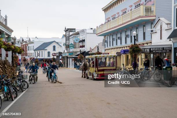 Mackinac Island, Michigan, Only horses and bicycles allowed on the island. Street scene of main street in downtown.