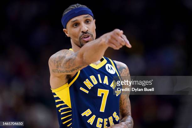 George Hill of the Indiana Pacers calls out instructions in the first quarter against the Utah Jazz at Gainbridge Fieldhouse on February 13, 2023 in...