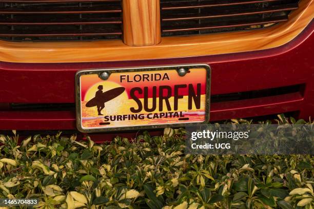 Florida, Surfing license plate on a Florida registered car viewed over hedgerow.