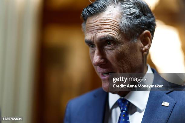 Sen. Mitt Romney speaks with reporters during a series of the votes at the U.S. Capitol Building on February 13, 2023 in Washington, DC. Officials...