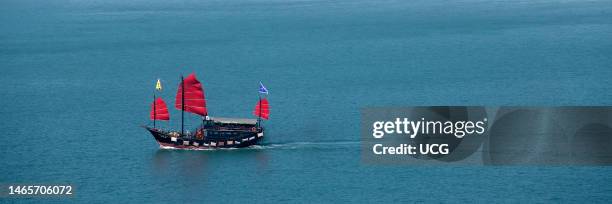 Traditional Chinese junk, Victoria harbor, Hong Kong, China.