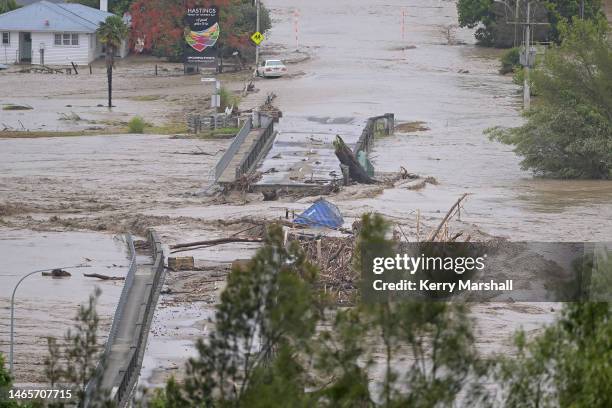 The Waiohiki bridge over the Tutaekuri River is washed away on February 14, 2023 in Napier, New Zealand. New Zealand has declared a national state of...