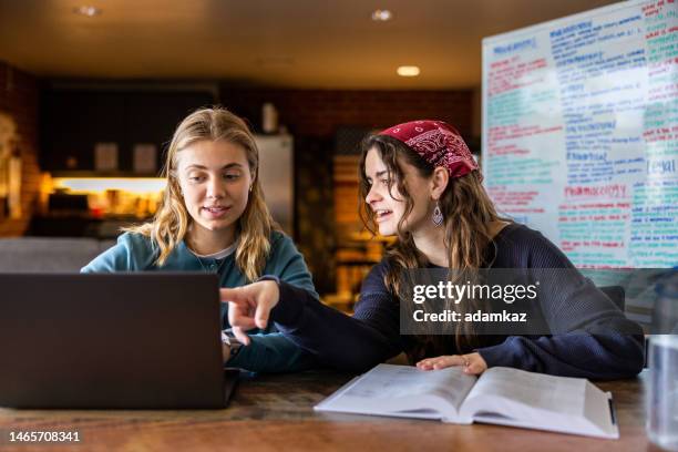 female college students working on a laptop at college - masters degree imagens e fotografias de stock