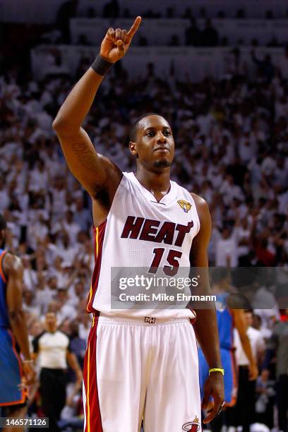 Mario Chalmers of the Miami Heat celebrates after the Heat won 1-4-98 against the Oklahoma City Thunder in Game Four of the 2012 NBA Finals on June...