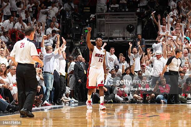 Mario Chalmers of the Miami Heat celebrates during Game Four of the 2012 NBA Finals between the Miami Heat and the Oklahoma City Thunder at American...