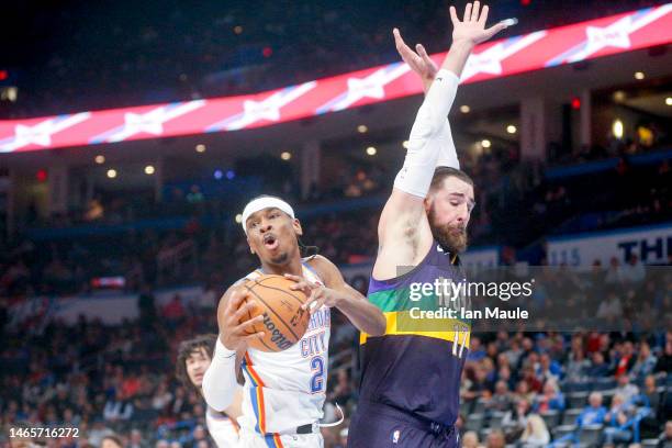 Shai Gilgeous-Alexander of the Oklahoma City Thunder reacts after colliding with Jonas Valanciunas of the New Orleans Pelicans during the second...