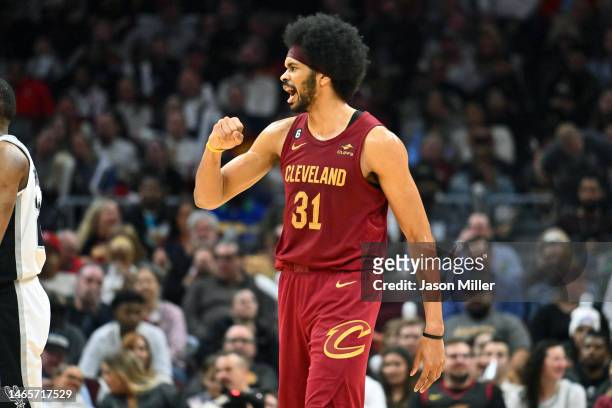 Jarrett Allen of the Cleveland Cavaliers celebrates during the third quarter against the San Antonio Spurs at Rocket Mortgage Fieldhouse on February...