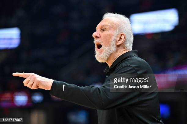 Head coach Gregg Popovich of the San Antonio Spurs yells to his players during the second quarter against the Cleveland Cavaliers at Rocket Mortgage...