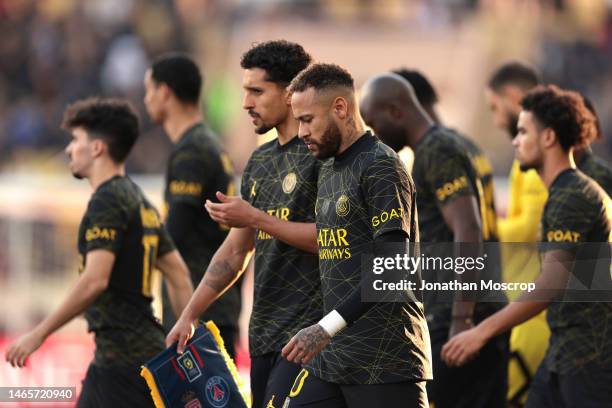 Neymar Jr of PSG and team mates take their places in the field prior to kick off in the Ligue 1 match between AS Monaco and Paris Saint-Germain at...