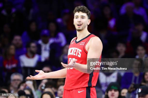 Alperen Sengun of the Houston Rockets reacts during the third quarter against the Philadelphia 76ers at Wells Fargo Center on February 13, 2023 in...