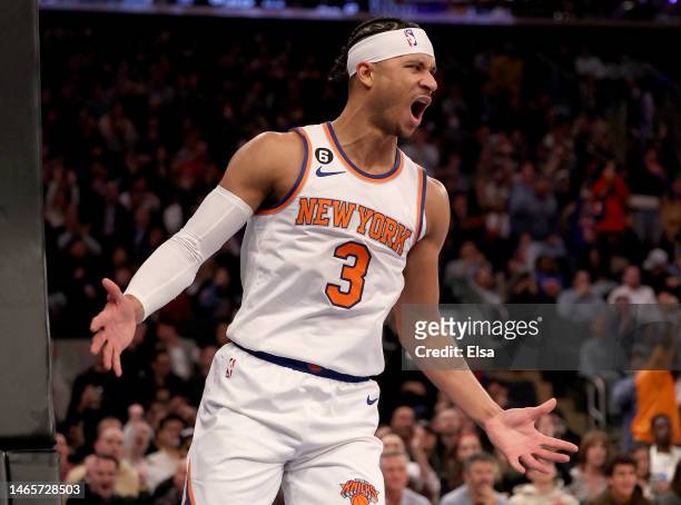 Josh Hart of the New York Knicks reacts during the second half against the Brooklyn Nets at Madison Square Garden on February 13, 2023 in New York...