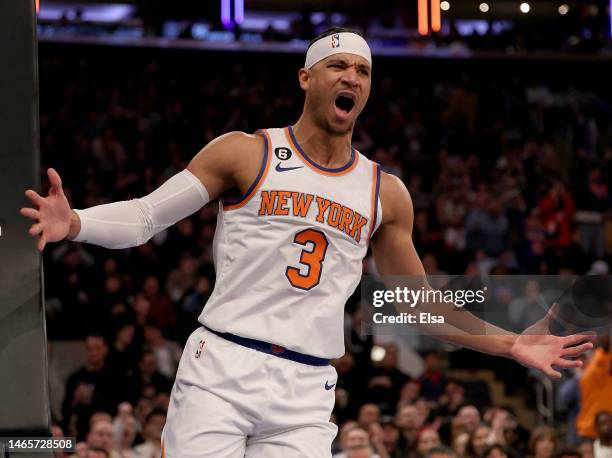 Josh Hart of the New York Knicks reacts during the second half against the Brooklyn Nets at Madison Square Garden on February 13, 2023 in New York...