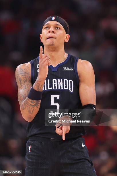 Paolo Banchero of the Orlando Magic celebrates a basket against the Chicago Bulls during the second half at United Center on February 13, 2023 in...