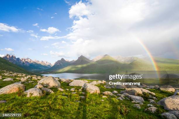 mountains, rivers and rainbows - rainbow mountains china stock pictures, royalty-free photos & images