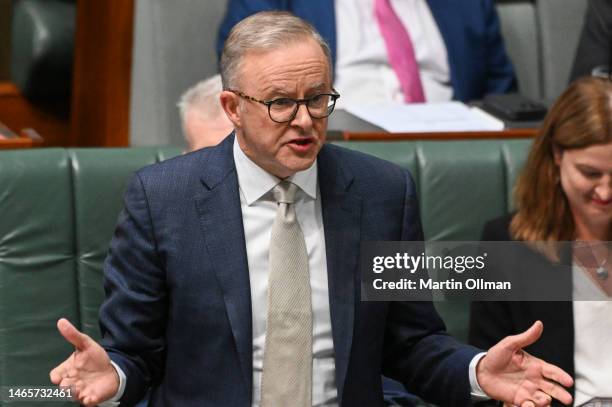 Prime Minister Anthony Albanese during Question Time at Parliament House on February 14, 2023 in Canberra, Australia. It is the second House sitting...