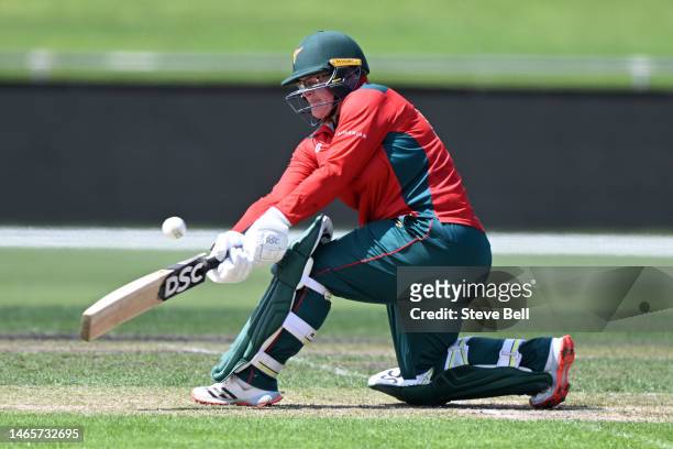 Lizelle Lee of the Tigers hits a six during the WNCL match between Tasmania and Western Australia at Blundstone Arena, on February 14 in Hobart,...
