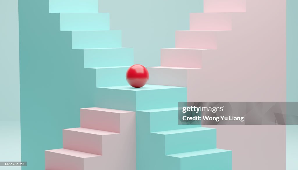 Concept of stairs, ladders and red ball choice, crossroads , 3D render