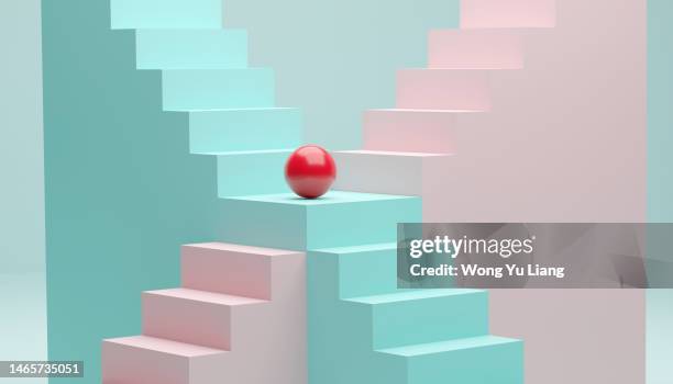 concept of stairs, ladders and red ball choice, crossroads , 3d render - challenge opportunity stock pictures, royalty-free photos & images