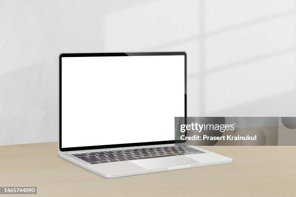 laptop isolate blank screen display mockup on table - window montage stock pictures, royalty-free photos & images