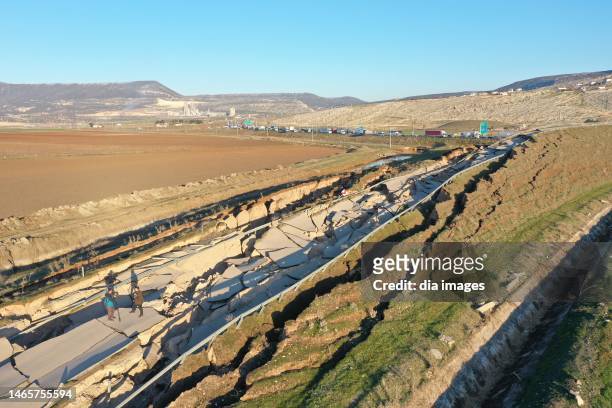 Roads destroyed by an earthquake on February 13, 2023 in Antep, Türkiye. The death toll from a catastrophic earthquake that hit Turkey and Syria...