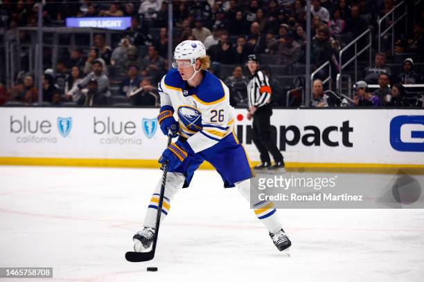 Rasmus Dahlin of the Buffalo Sabres skates the puck against the Los Angeles Kings at Crypto.com Arena on February 13, 2023 in Los Angeles, California.