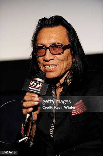 Musician Rodriguez speaks at the premiere of Sony Pictures Classics' "Searching For Sugarman" at the Los Angeles Film Festival at L.A Live on June...