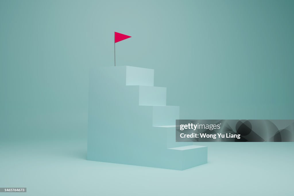 Blue stairs with red flag, goals concept photo, 3D Render