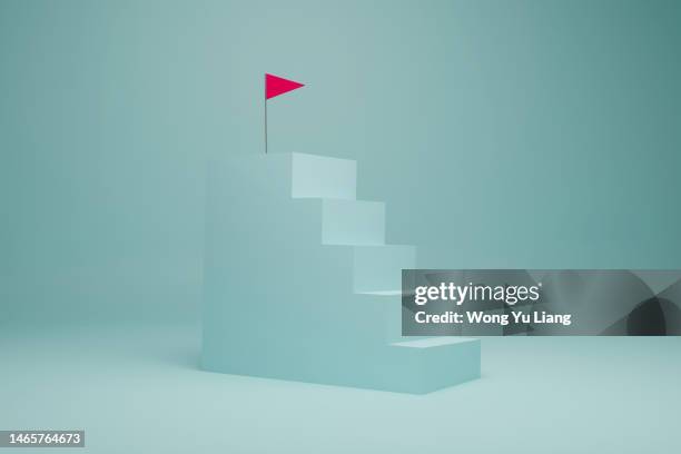 blue stairs with red flag, goals concept photo, 3d render - carrièreladder stockfoto's en -beelden