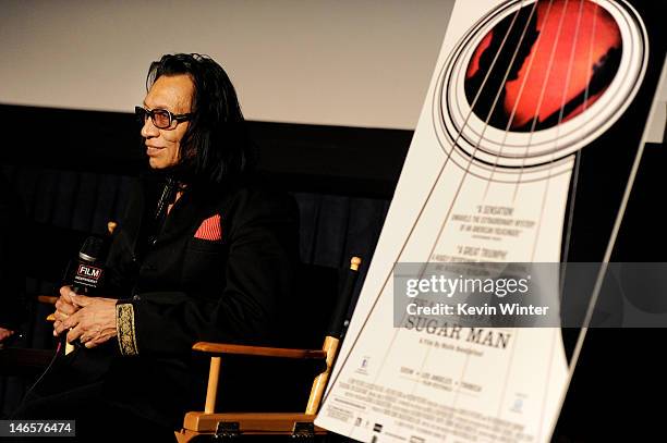 Musician Rodriguez speaks at the premiere of Sony Pictures Classics' "Searching For Sugarman" at the Los Angeles Film Festival at L.A Live on June...