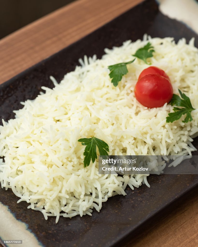 Bowl Of Boiled Longgrain Basmati Rice Rectangular Black Plate With Dish ...
