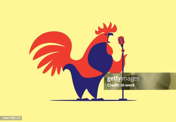 rooster holding microphone and singing - funny rooster stock illustrations