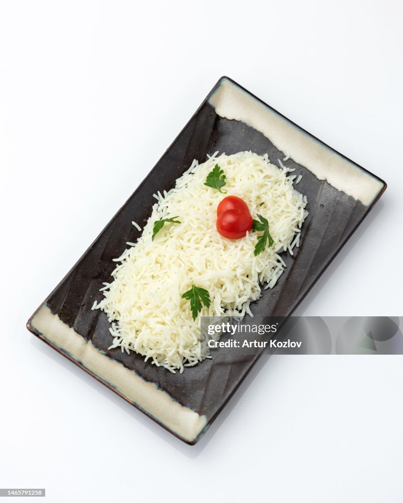 Rectangle Rice Food Bowl Of Boiled Longgrain Basmati Rice Rectangular Black Plate Rice Is ...