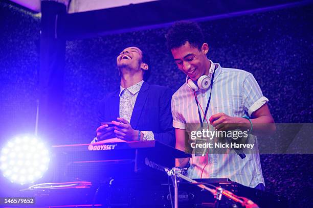 Harley 'Sylvester' Alexander-Sule and Jordan 'Rizzle' Stephens of Rizzle Kicks perform at Emporio Armani Summer Garden Live at Emporio Armani on June...